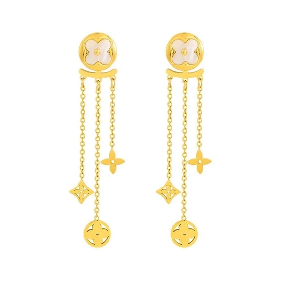 18K Gold 2 In 1 Designer Inspired Clover & Flower Drop Dangle Jacket Earrings - Picture 3 of 4